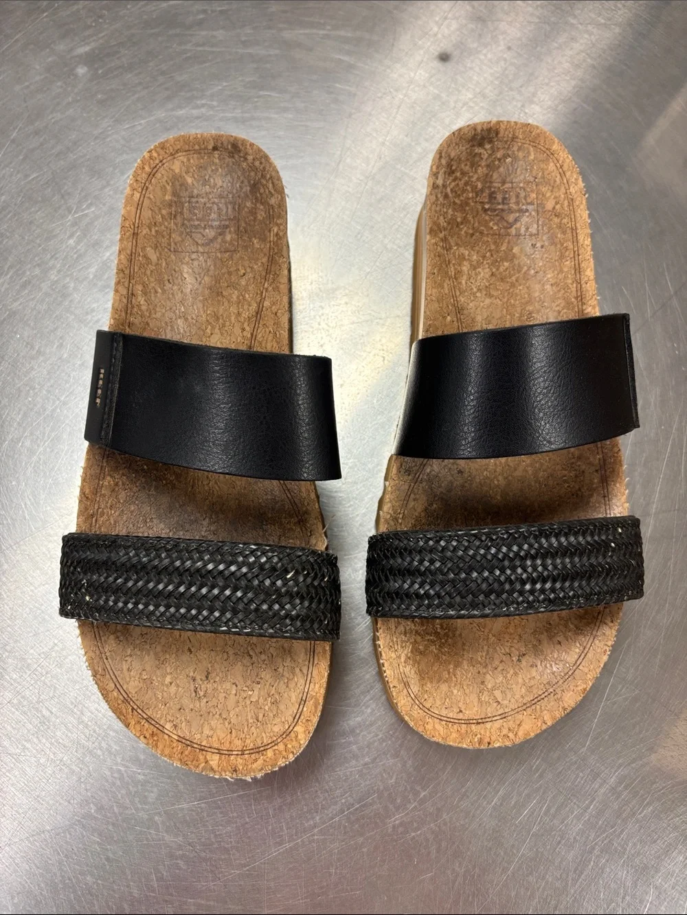 REEF Black Double-Strap Cork Slide Sandals Ladies 9